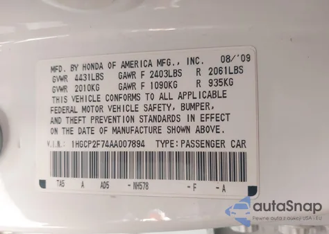 2010 Honda Accord 2.4 Ex z USA, uszkodzony, nr VIN 1HGCP2F74AA007894